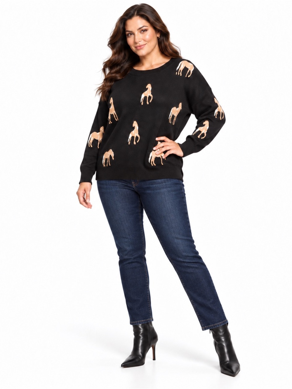 86. Catherine Malandrino Horse Knit Sweater XL Women’s Black Tan Cream Equestria